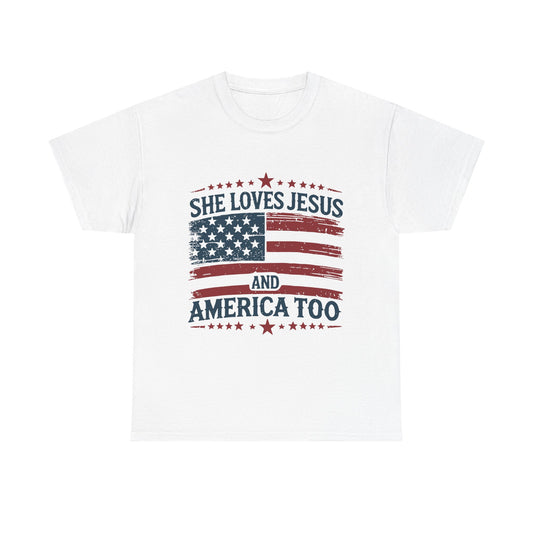She Loves Jesus - Patriotic American Flag Tee