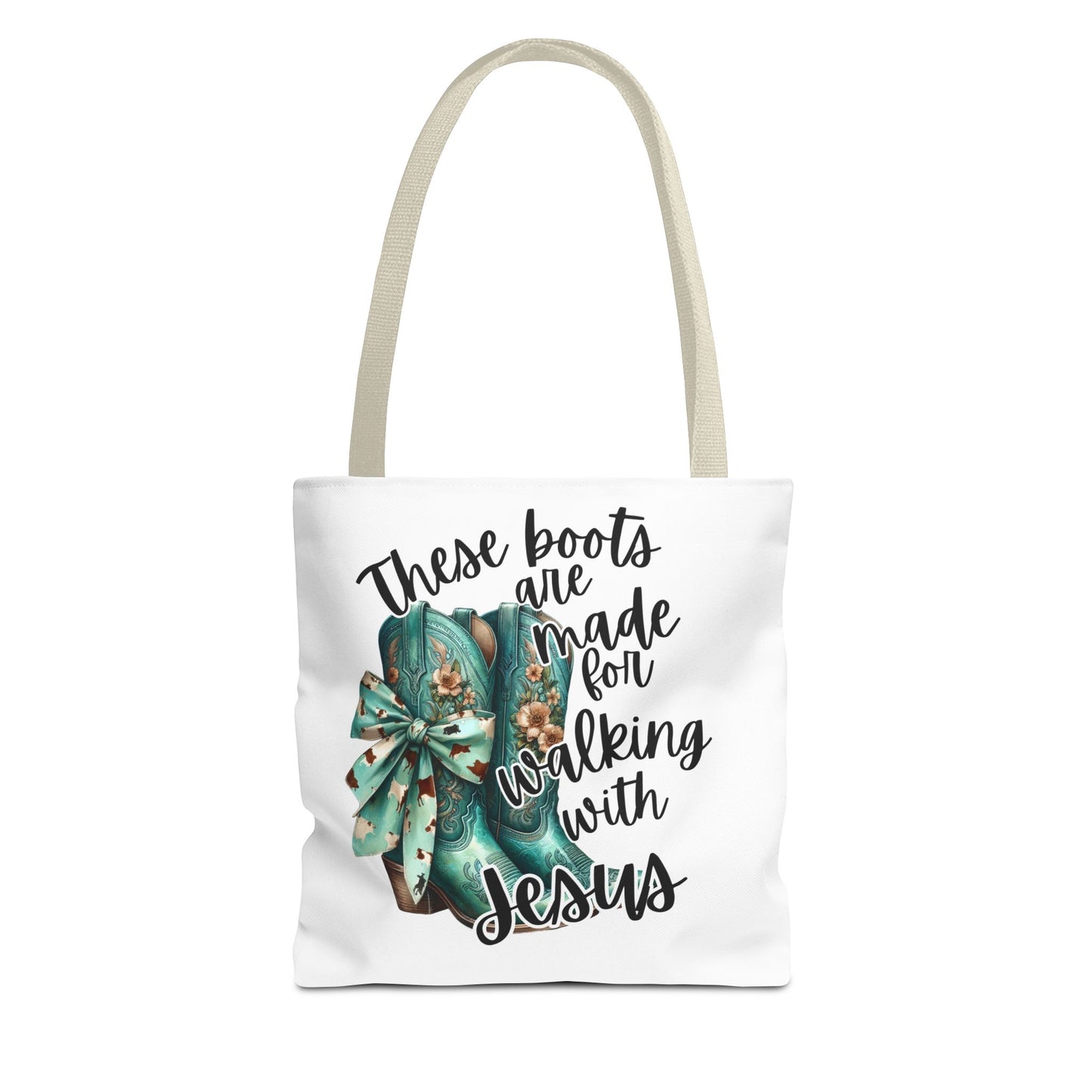 Inspirational Christian Tote Bag - "These Boots Are Made for Walking with Jesus"