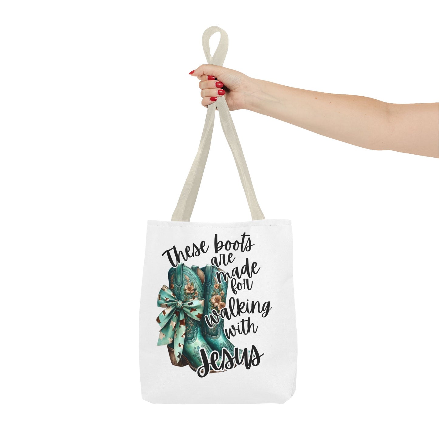 Inspirational Christian Tote Bag - "These Boots Are Made for Walking with Jesus"