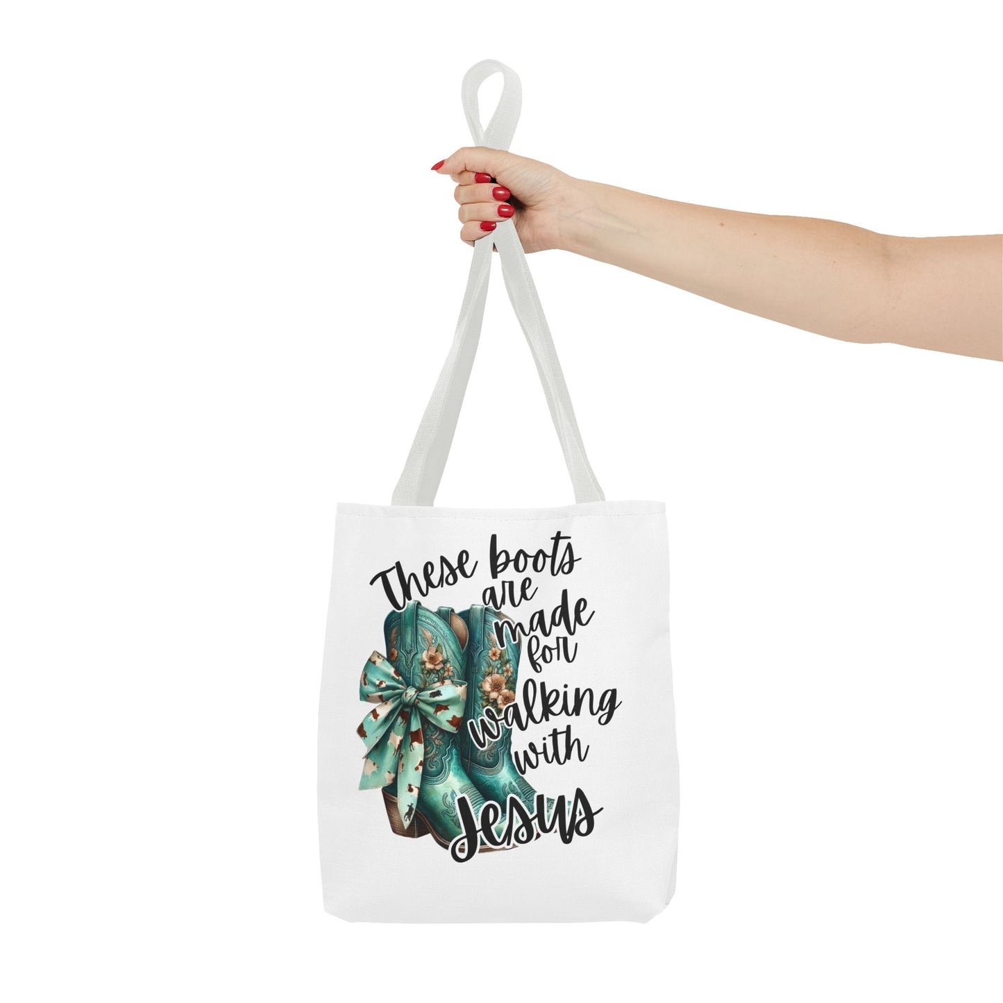 Inspirational Christian Tote Bag - "These Boots Are Made for Walking with Jesus"