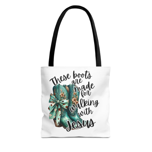 Inspirational Christian Tote Bag - "These Boots Are Made for Walking with Jesus"