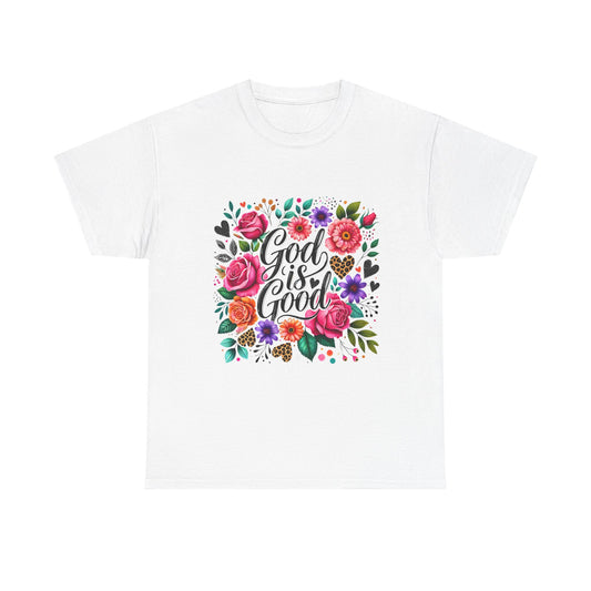 Inspirational Floral Tee - 'God is Good' Unisex Heavy Cotton T-Shirt