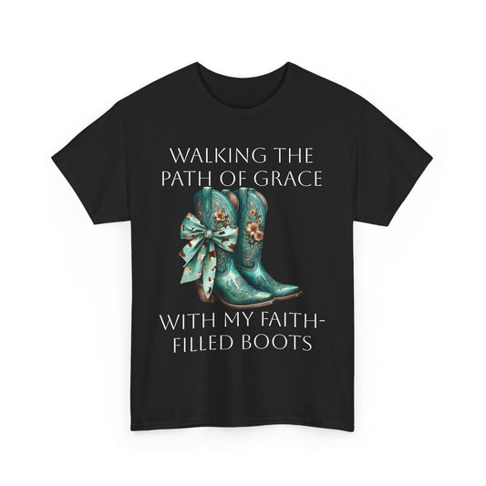 Walking the Path of Grace Tee - Unisex Heavy Cotton Shirt with Faith-Filled Boots Design
