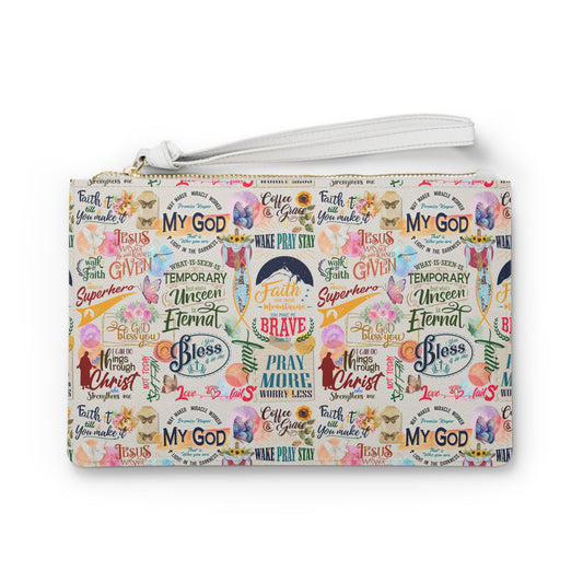 Inspirational Bible Quote Collage Clutch Bag – Faith & Blessings Design for Daily Use