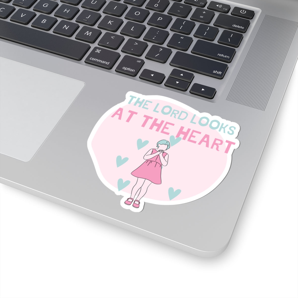 Clip Art Pink and Teal Girl Praying The Lord Looks at the Heart Sticker