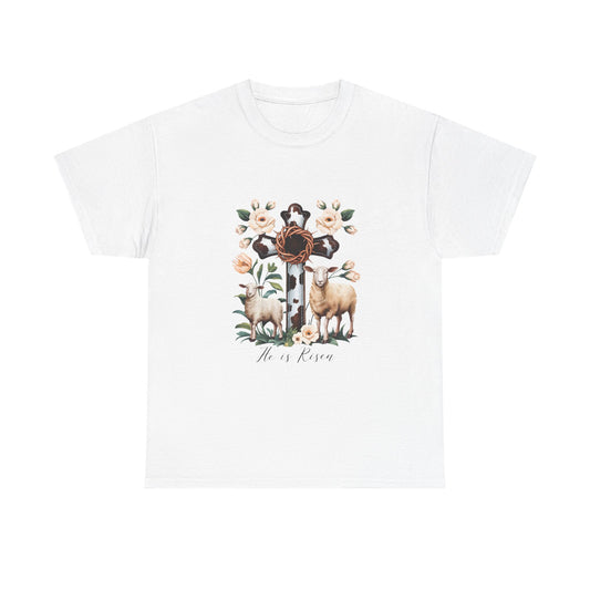Cow Print Cross with Sheep Floral He is Risen Design