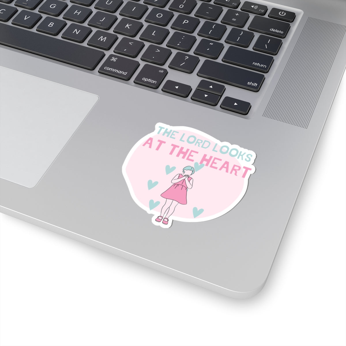 Clip Art Pink and Teal Girl Praying The Lord Looks at the Heart Sticker