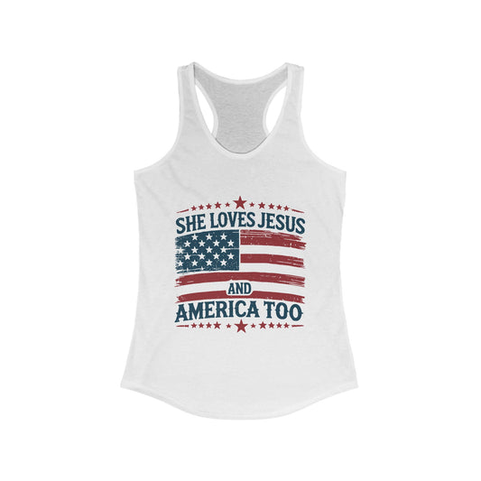 Patriotic Women's Racerback Tank - She Loves Jesus and America Too