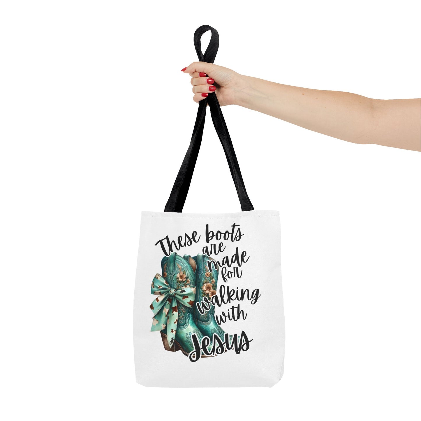 Inspirational Christian Tote Bag - "These Boots Are Made for Walking with Jesus"