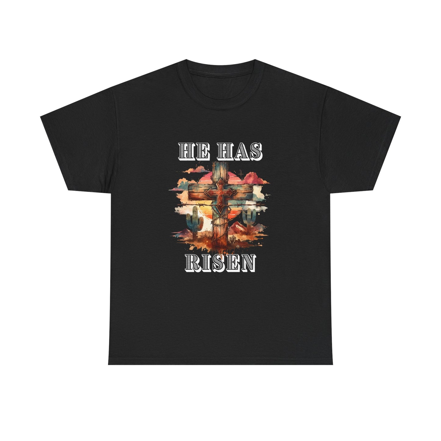 Desert Faith Unisex Heavy Cotton Tee - "He Has Risen" Graphic