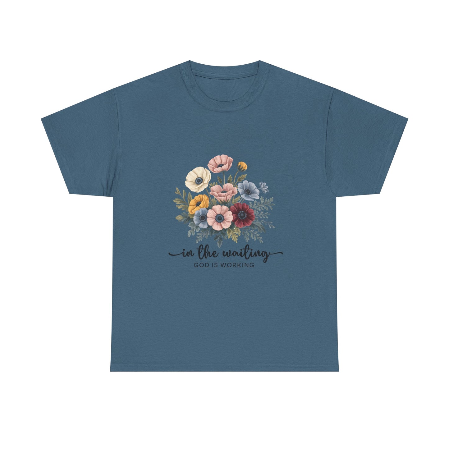 Inspirational Floral Unisex Heavy Cotton Tee - "In the Waiting, God is Working"